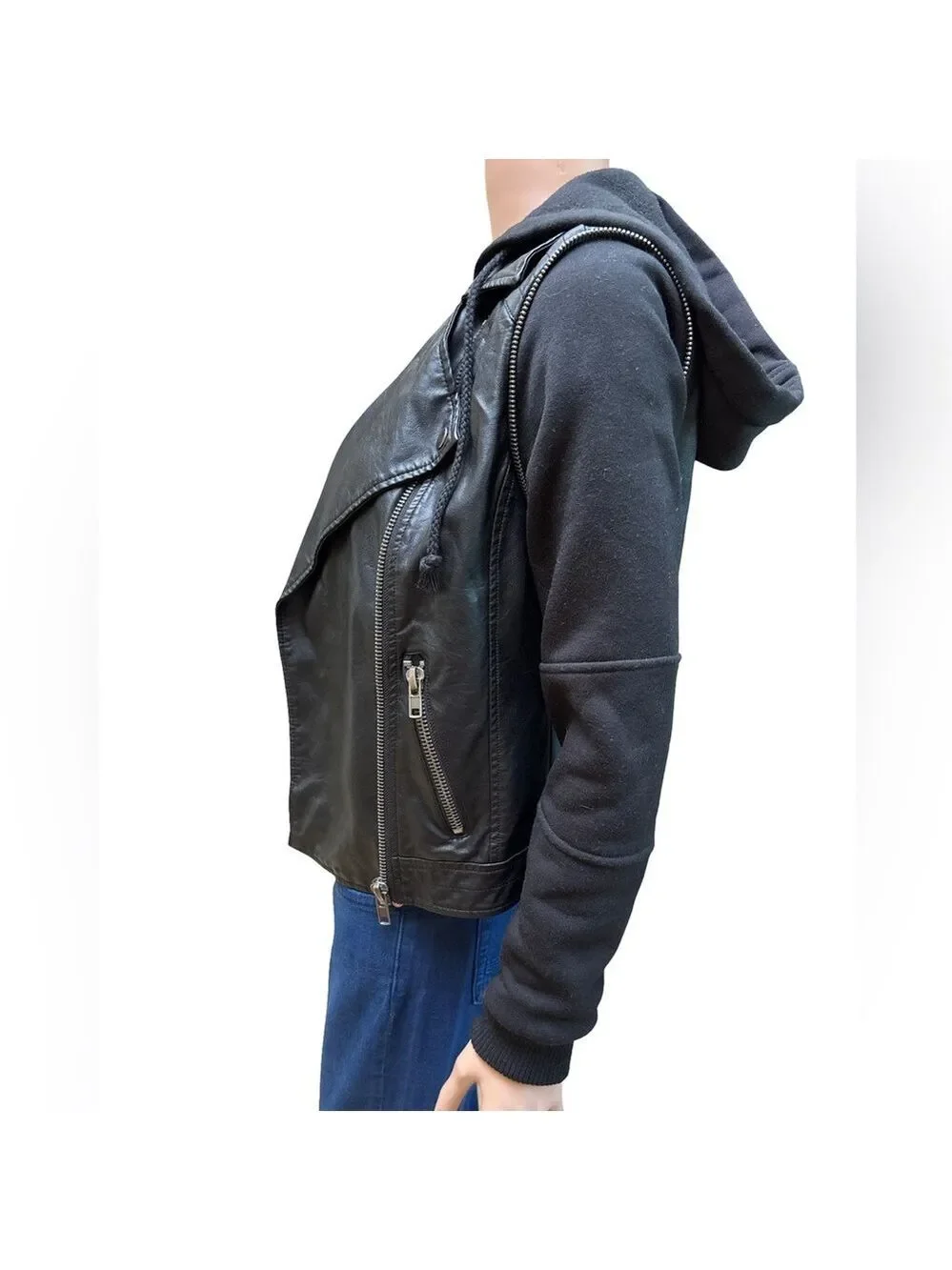 Jolt Black Vegan Leather Hooded Moto Jacket for Women Size Small NWT